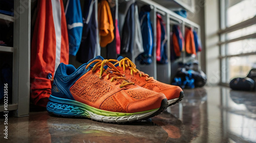 Athletes' shoes for runners in the room.