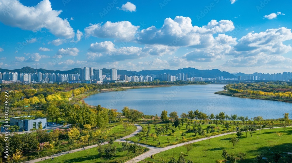 A panoramic view of the scenic Han River Park, popular for cycling and outdoor activities. A panoramic view of the scenic Han River Park, popular for cycling and outdoor activities.