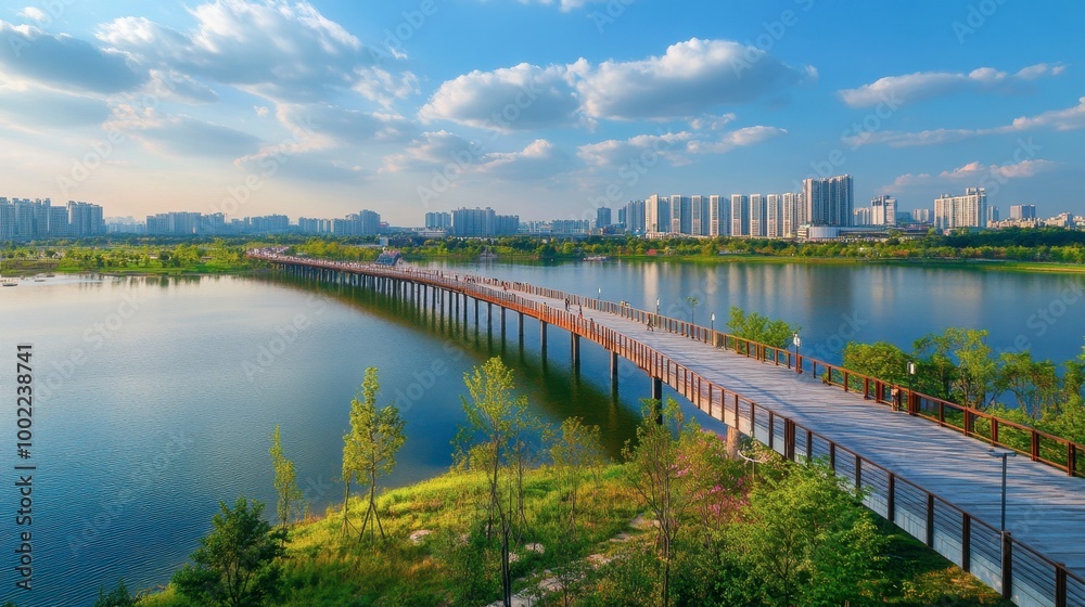 A panoramic view of the scenic Han River Park, popular for cycling and outdoor activities. A panoramic view of the scenic Han River Park, popular for cycling and outdoor activities.
