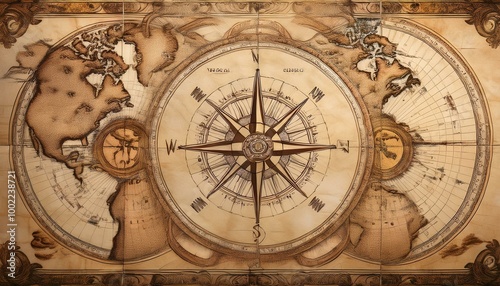 Vintage compass on a world map