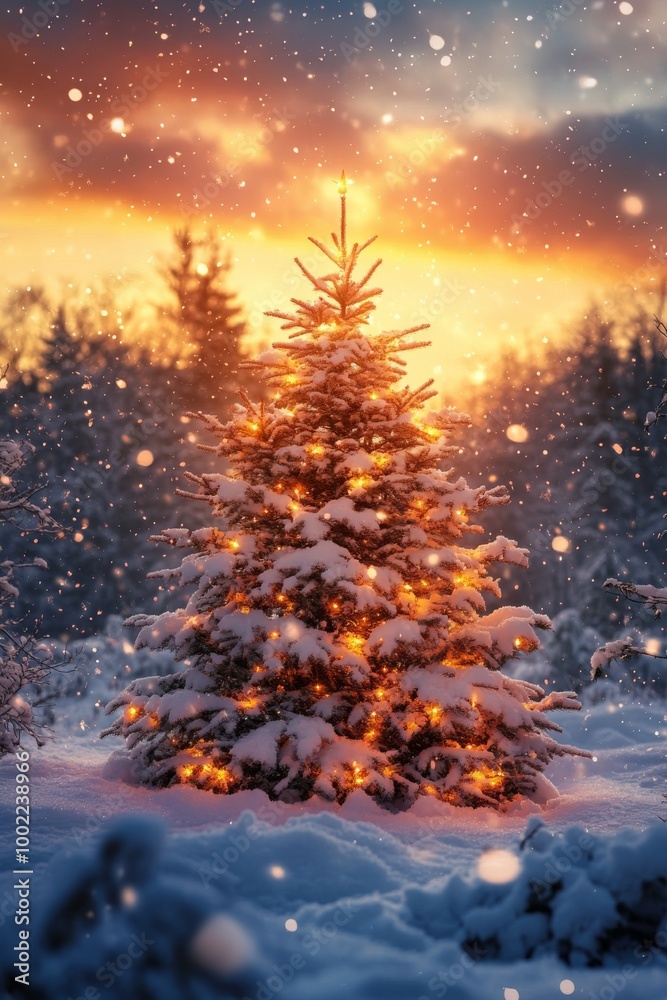 Naklejka premium Brightly lit Christmas tree surrounded by snow at sunset in a winter forest