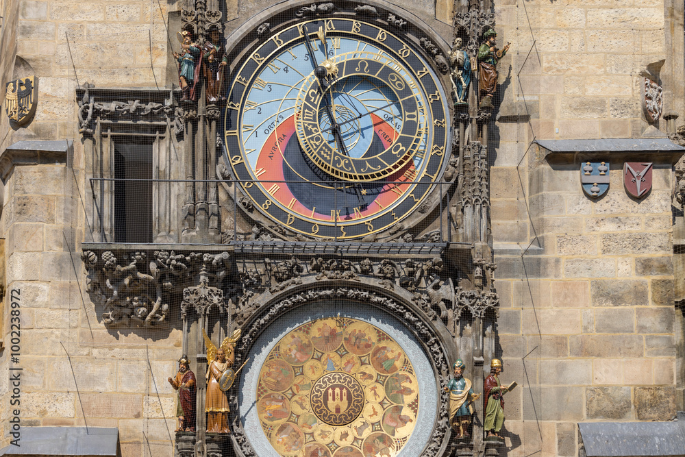 Prague astronomical clock (Prague Orloj) on facade of Town Hall in Town Square, Prague, Czech Republic