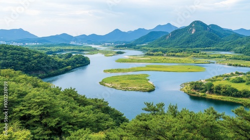 A panoramic view of the scenic Seomjin River in Jeollanam-do, with lush landscapes and tranquil waters. photo