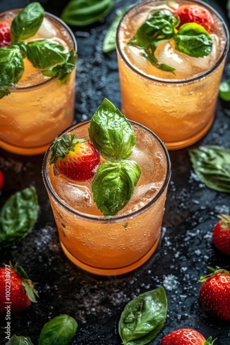 Refreshing strawberry basil drink on a wooden surface with fresh strawberries