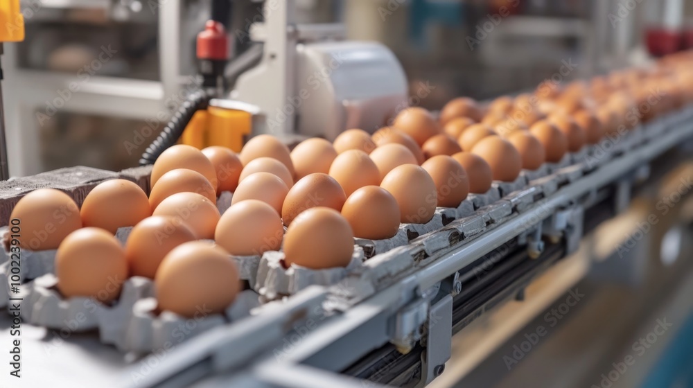 Automated packaging line of chicken eggs in a factory, emphasizing efficiency in production Automated packaging line of chicken eggs in a factory, emphasizing efficiency in production