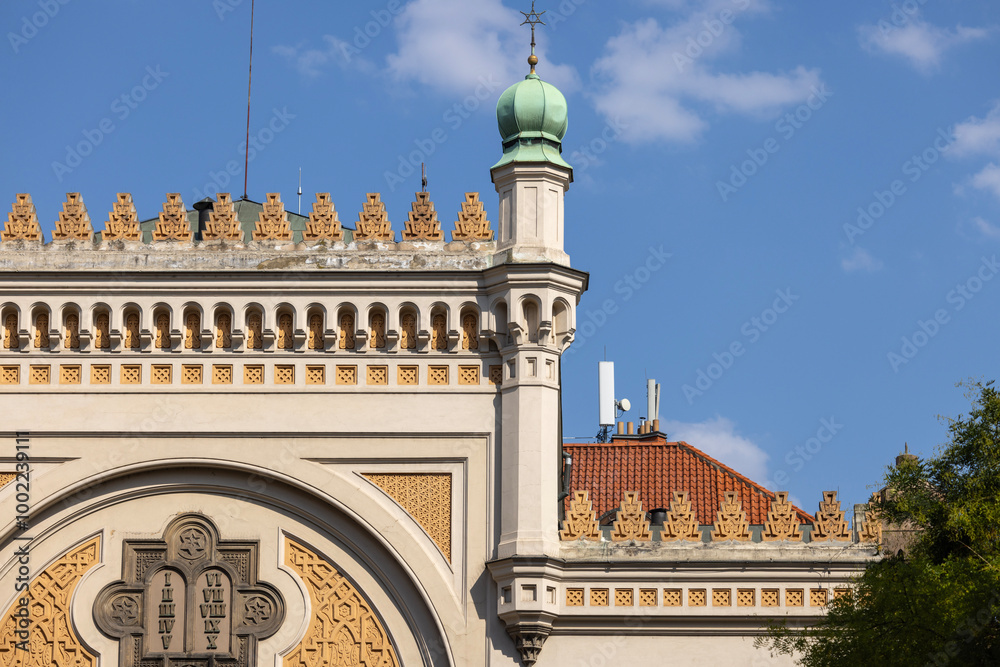 Facade of Spanish Synagogue, tablet with the ten commandments, Prague, Czech Republic
