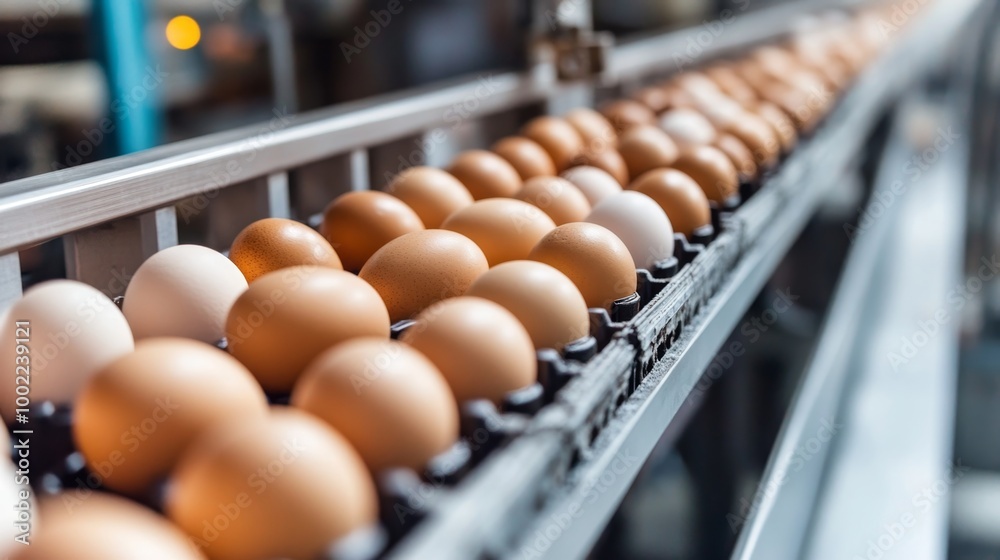 Automated packaging line of chicken eggs in a factory, emphasizing efficiency in production Automated packaging line of chicken eggs in a factory, emphasizing efficiency in production