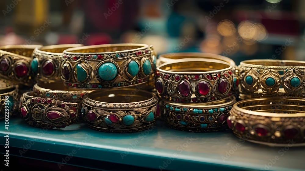 Exquisite Collection of Traditional Bangles With Turquoise and Ruby Details in a Vibrant Market Setting Exquisite Collection of Traditional Bangles With Turquoise and Ruby Details in a Vibrant Market Setting