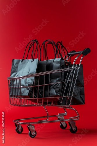 Shopping cart filled with black bags against a vibrant red background