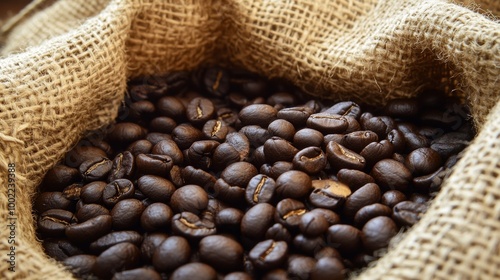Black coffee beans in a rustic burlap sack, emphasizing their aromatic essence