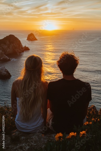 Couple enjoying a romantic sunset together while wading in the ocean on a war...