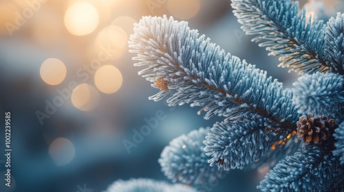 Frost-covered pine branches glistening in soft winter light with falling snow...
