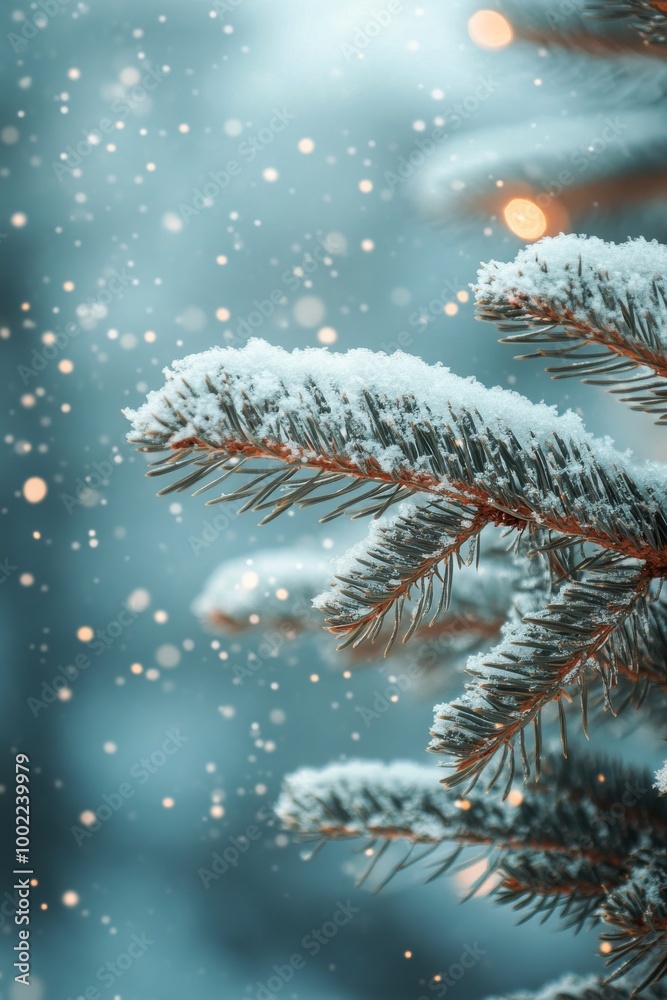 Snow-covered pine branch with falling snowflakes in a winter wonderland setting Snow-covered pine branch with falling snowflakes in a winter wonderland setting
