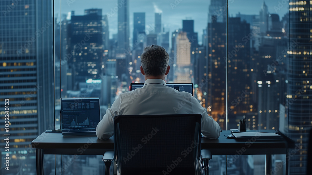 A businessman sits confidently at his desk, the transparent glass wall behind him showcasing a breathtaking cityscape with skyscrapers and bustling streets, symbolizing his connect A businessman sits confidently at his desk, the transparent glass wall behind him showcasing a breathtaking cityscape with skyscrapers and bustling streets, symbolizing his connect
