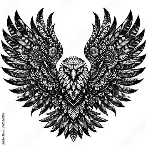 An intricate black and white mandala-style illustration featuring a majestic eagle with its wings fully spread.