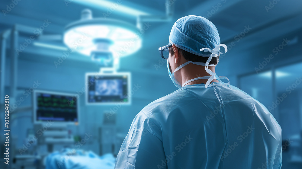 From behind, the surgeonâs calm and controlled movements are visible, illuminated by the soft yet bright light of the operating room as they perform a critical procedure in a steri From behind, the surgeonâs calm and controlled movements are visible, illuminated by the soft yet bright light of the operating room as they perform a critical procedure in a steri