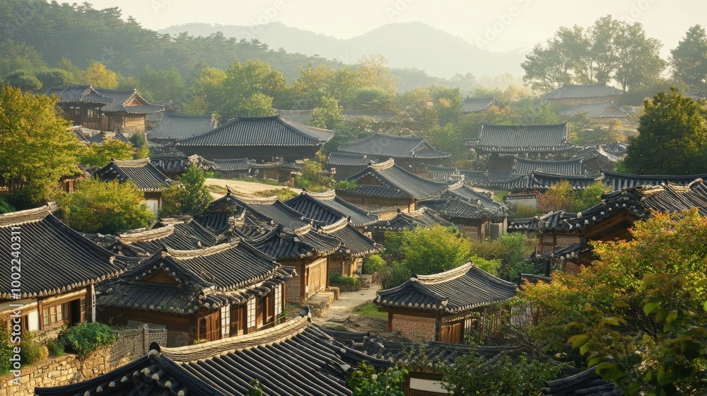 Obraz premium A scenic shot of the historical Yangdong Folk Village, showcasing traditional Korean architecture and rural life.
