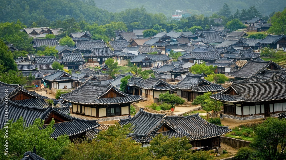 A scenic shot of the historical Yangdong Folk Village, showcasing traditional Korean architecture and rural life. A scenic shot of the historical Yangdong Folk Village, showcasing traditional Korean architecture and rural life.