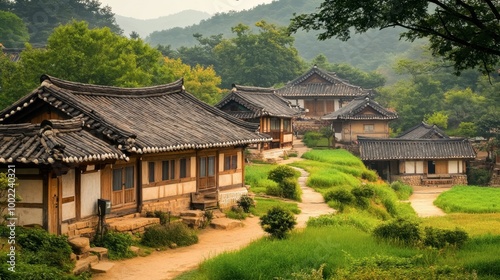 A scenic shot of the historical Yangdong Folk Village, showcasing traditional Korean architecture and rural life.