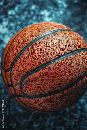 Close-up of a basketball resting on a textured surface with dramatic lighting...