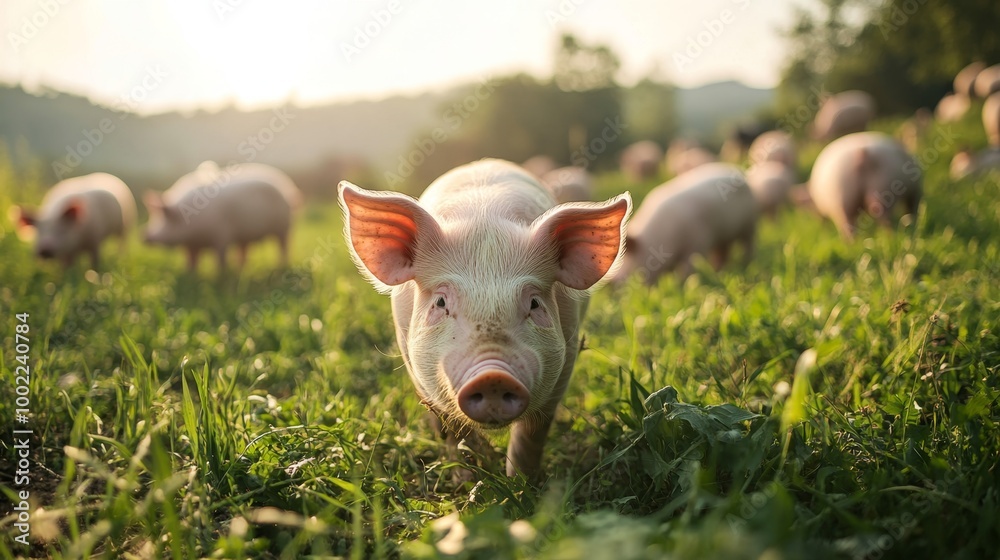 Breeding stock pigs grazing peacefully in a lush green pasture on the farm grounds Breeding stock pigs grazing peacefully in a lush green pasture on the farm grounds