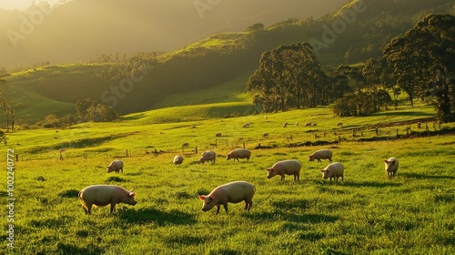 Breeding stock pigs grazing in a lush green pasture, promoting sustainable agriculture photo