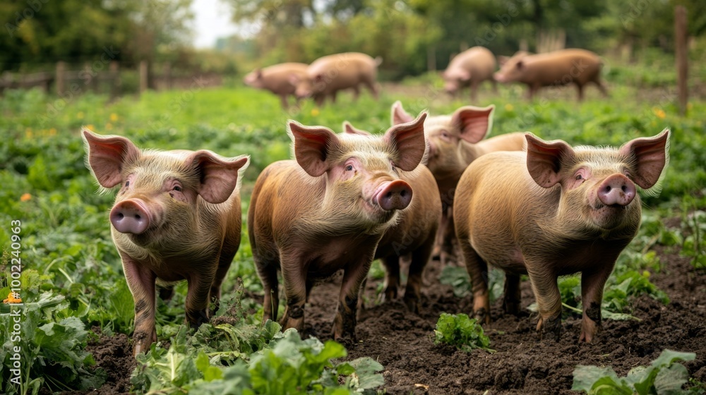 Breeding stock pigs interacting in a harmonious group dynamic within their farm environment Breeding stock pigs interacting in a harmonious group dynamic within their farm environment