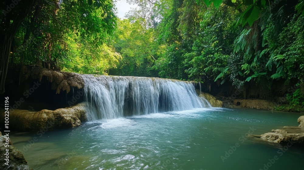 Naklejka premium A serene waterfall in the Mae Sa Valley, surrounded by lush greenery and offering a refreshing escape.