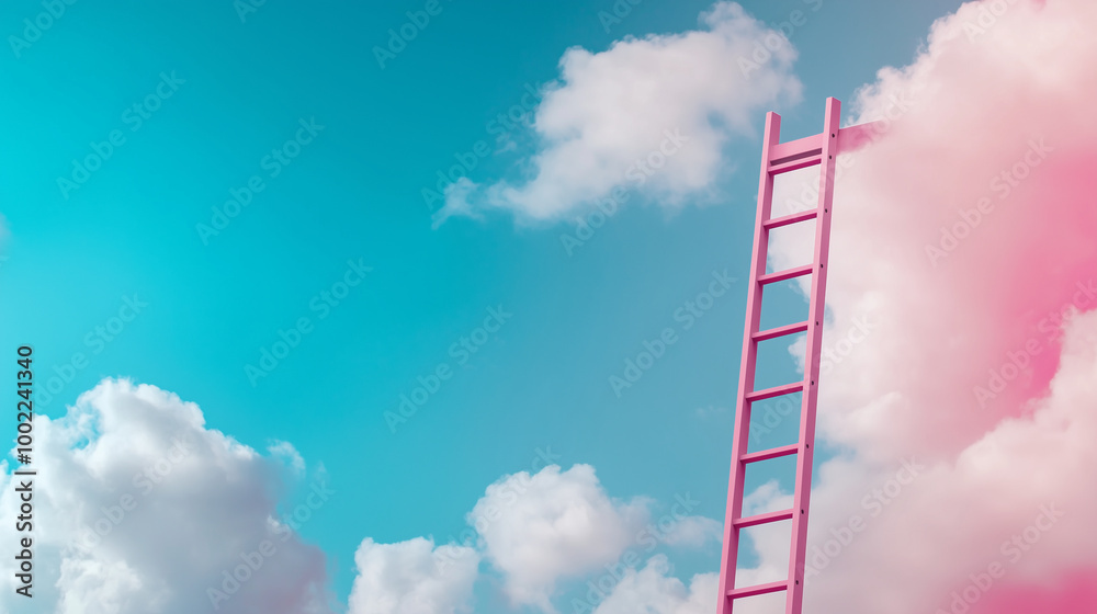 Soft pastel colors create a tranquil sky as a step ladder emerges, guiding the viewerâs eye toward the clouds above, symbolizing growth and the pursuit of dreams in a minimalist ae Soft pastel colors create a tranquil sky as a step ladder emerges, guiding the viewerâs eye toward the clouds above, symbolizing growth and the pursuit of dreams in a minimalist ae