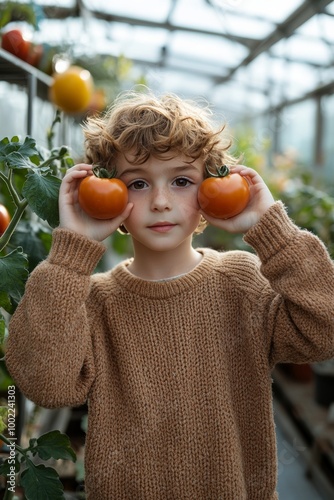 Boy in a sweater holding tomatoes in a greenhouse filled with plants on a sun...