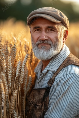 A thoughtful man in glasses stands among golden wheat at sunset in a rural field