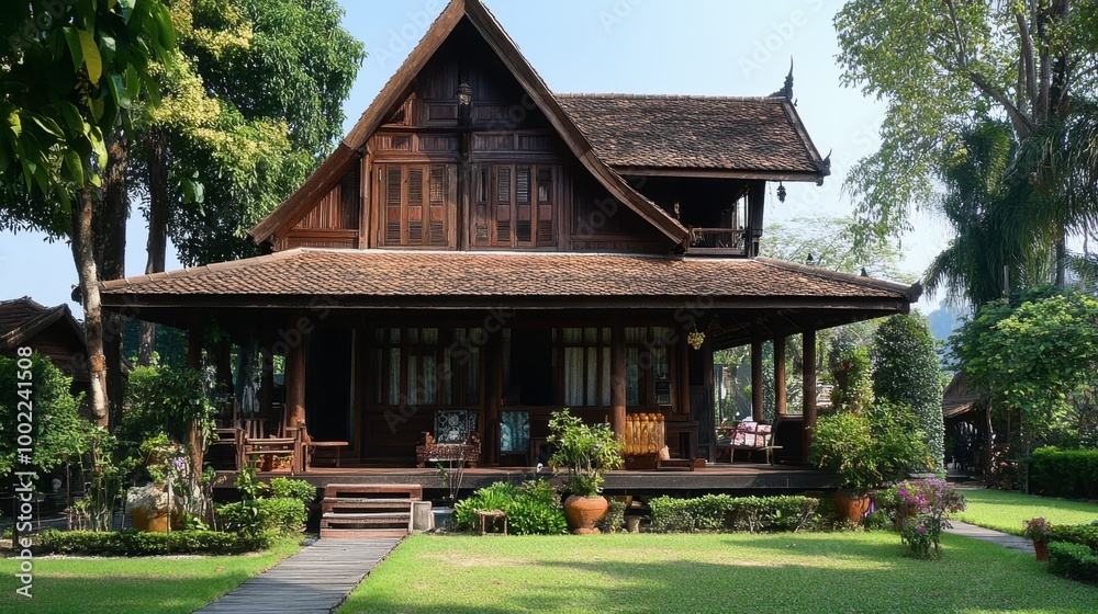 A traditional Lanna-style house in Chiang Mai, showcasing the regions unique architecture and design. A traditional Lanna-style house in Chiang Mai, showcasing the regions unique architecture and design.