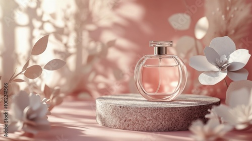 Elegant perfume bottle surrounded by delicate paper flowers on a pink background