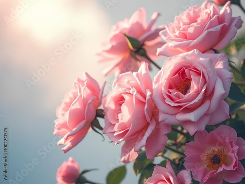 Blooming Pink Roses in Soft Sunlight, Floral background