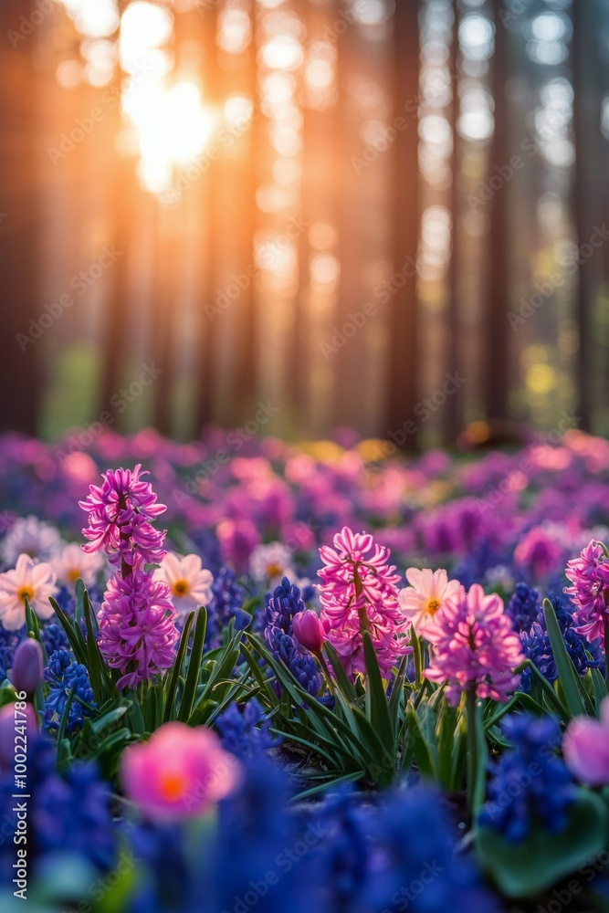 Obraz premium Colorful spring flowers blooming in a forest during sunset