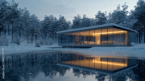 Modern Glass House with Warm Interior Lights Reflecting in a Frozen Lake
