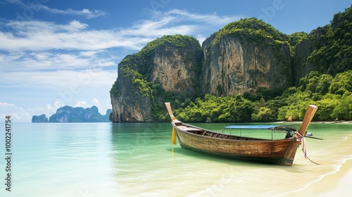 A traditional Thai long-tail boat anchored on the shores of Koh Phi Phi, with stunning cliffs in the background.
