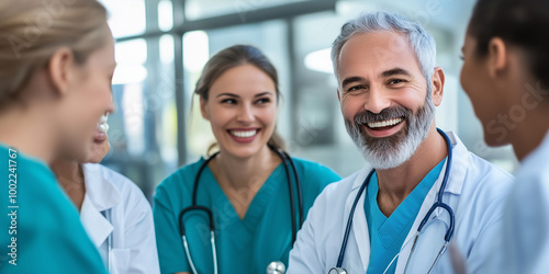 The smiling doctors and nurses are gathered in a hospital lobby, engaging with patients and families, their warm expressions reflecting compassion and community care.