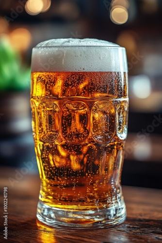 Golden beer in a clear glass sitting on a wooden table in a cozy pub during t...