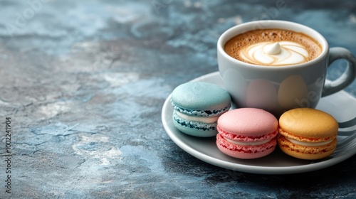 Cozy coffee with colorful macarons on a stylish table