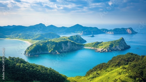 A tranquil moment at the scenic Hallyeohaesang National Park, with its beautiful islands and coastlines.