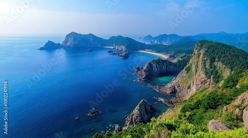 A tranquil moment at the scenic Hallyeohaesang National Park, with its beautiful islands and coastlines.