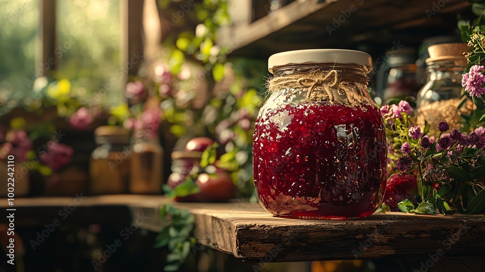 Homemade Jam in Decorative Jar on Kitchen Shelf - Close up Shot of Sweet Spread Homemade Jam in Decorative Jar on Kitchen Shelf - Close up Shot of Sweet Spread