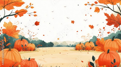 Autumn landscape featuring a vibrant pumpkin among colorful falling leaves at...