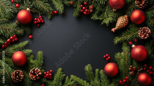 Holiday arrangement with red ornaments and pine cones on a black background