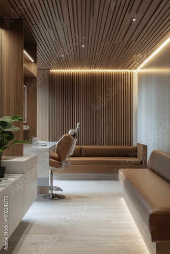 Modern reception area with sleek design and warm lighting in a contemporary s...