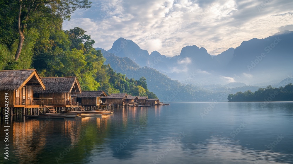 Fototapeta premium A tranquil morning at Huay Tung Tao Lake, with wooden huts lining the shore and mountains in the background.