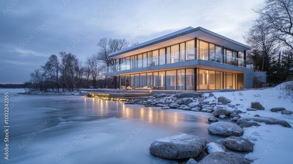 Modern Glass House on a Frozen Lake at Dusk