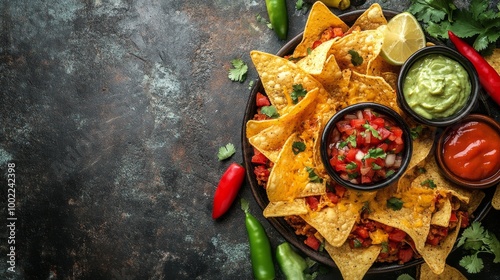 Crunchy tortilla chips with fresh pico de gallo and creamy dip on a dark surface