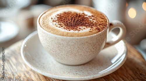 Indulgent Cappuccino Delight - Close-up of Frothy Coffee with Cocoa Powder in Stylish CafÃ© Setting